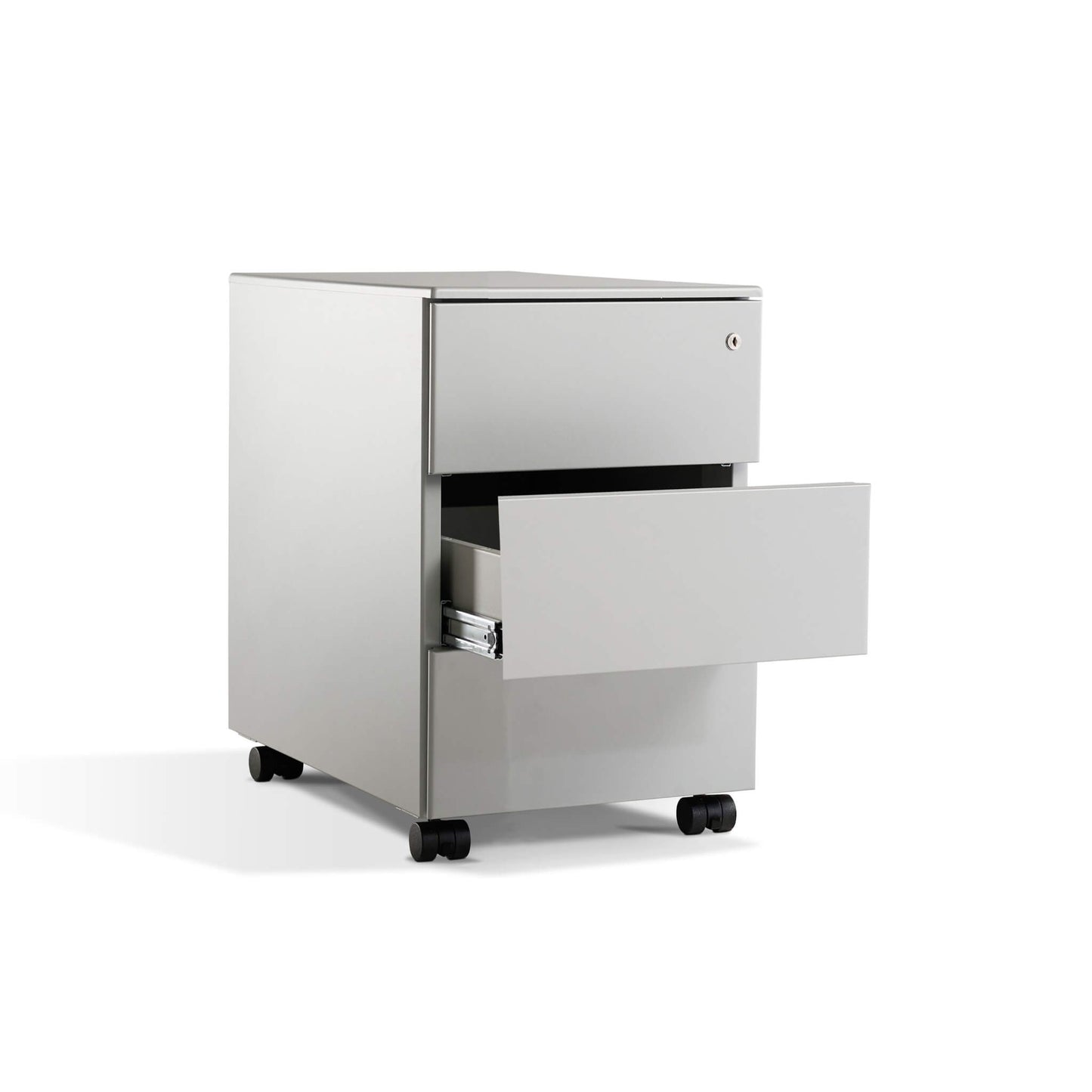 Slimline 3 drawer silver pedestal for standing desks from Livewell Furniture at www.livewellfurniture.co.uk