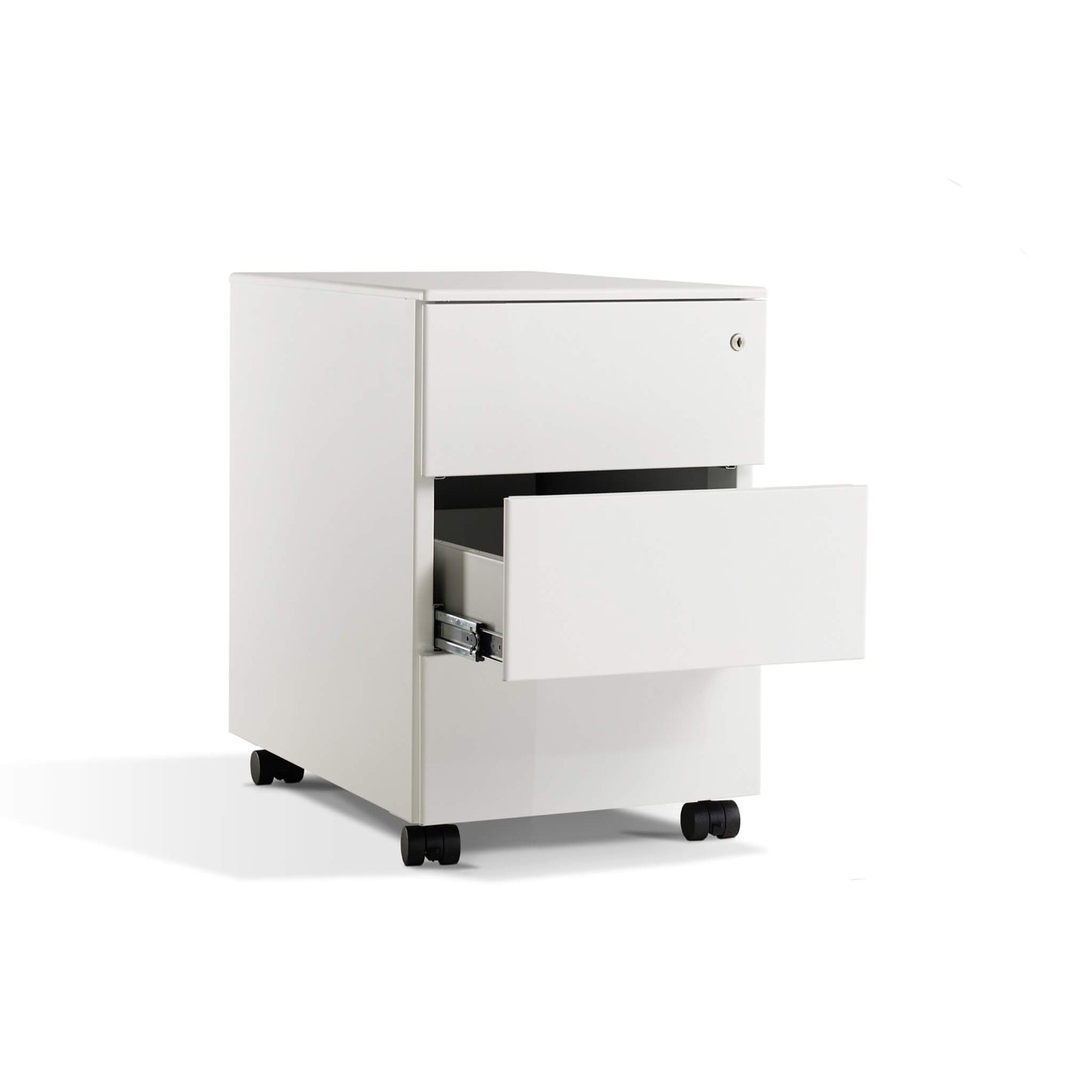 Slimline 3 drawer white pedestal for standing desks from Livewell Furniture at www.livewellfurniture.co.uk