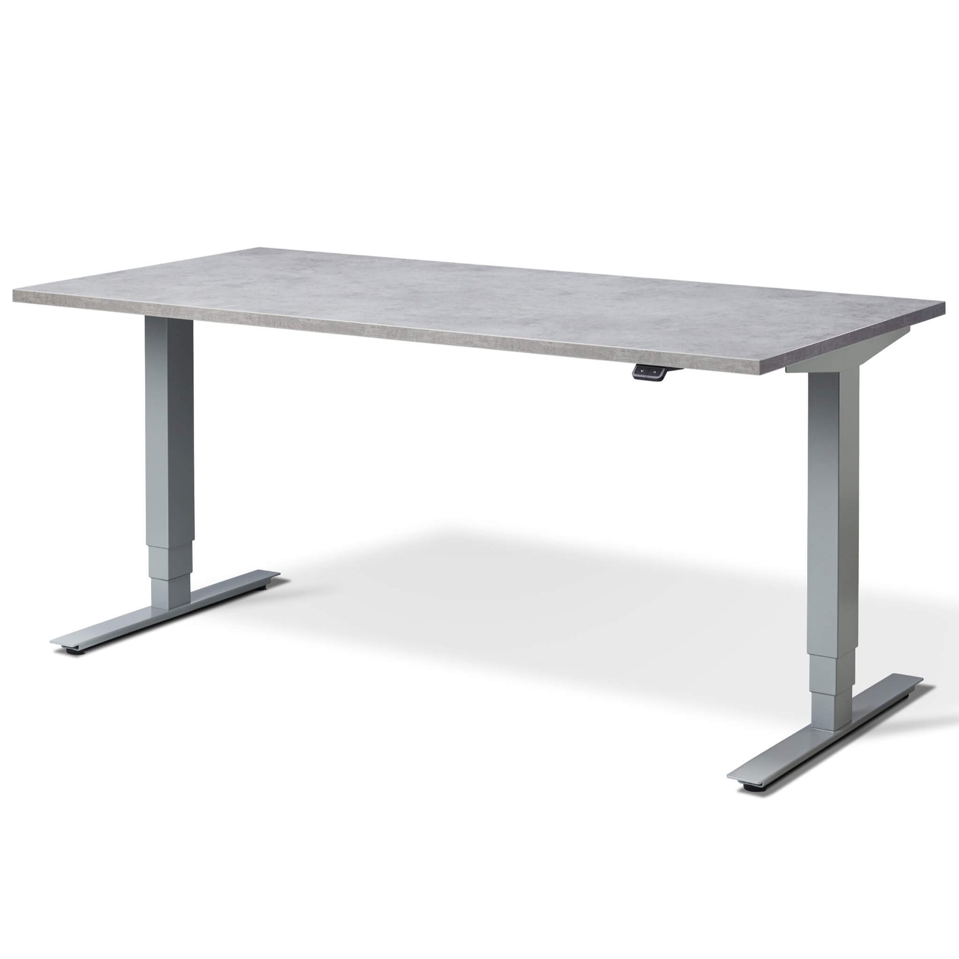 The Elevate electric height adjustable standing desk with silver frame and concrete desktop finish from Livewell Furniturel at www.livewellfurniture.co.uk