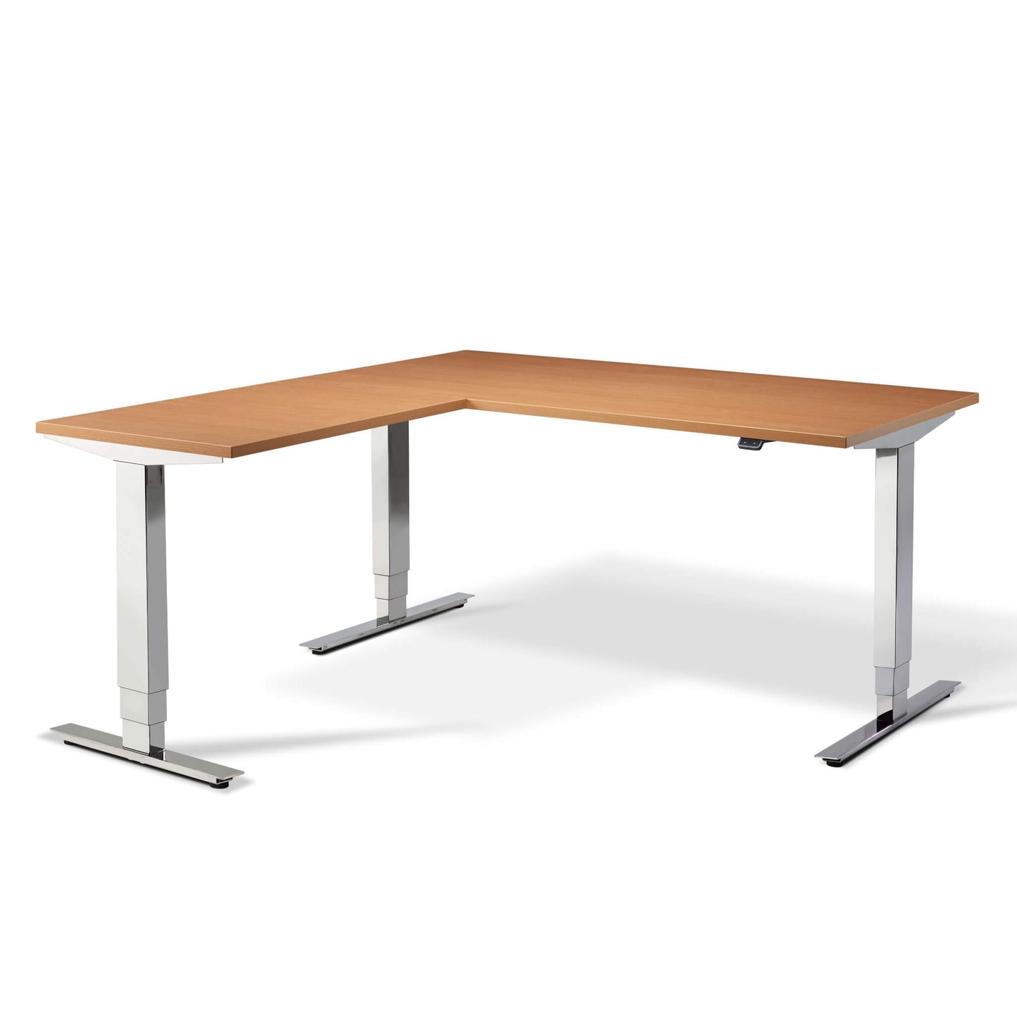 Elevate chrome electric height adjustable standing corner desk with beech desktop from Livewell Furniture at www.livewellfurniture.co.uk