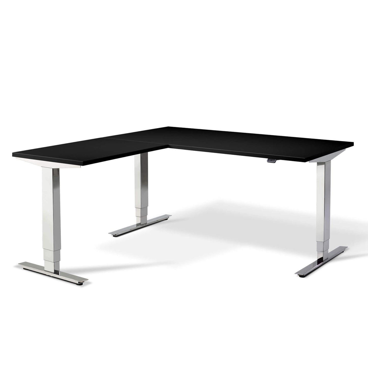 Elevate chrome electric height adjustable standing corner desk with black desktop from Livewell Furniture at www.livewellfurniture.co.uk