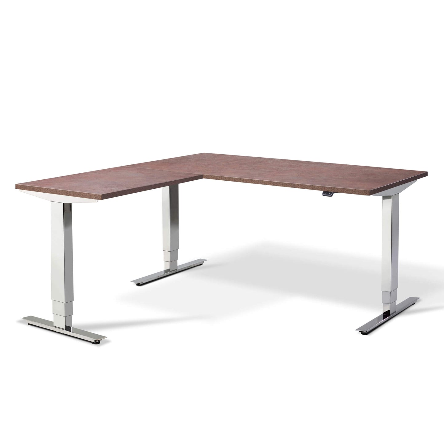 Elevate chrome electric height adjustable standing corner desk with ferro bronze desktop from Livewell Furniture at www.livewellfurniture.co.uk