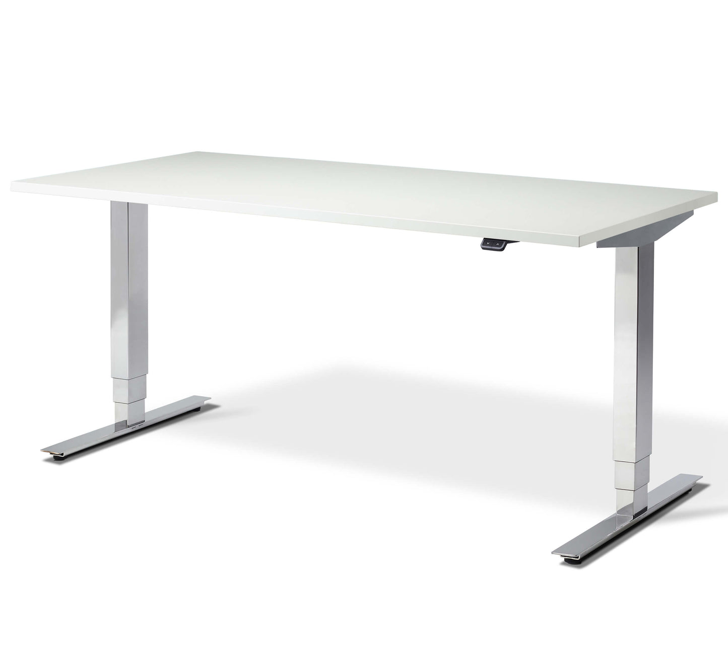 Elevate chrome electric height adjustable standing desk with white desktop from Livewell Furniture at www.livewellfurniture.co.uk