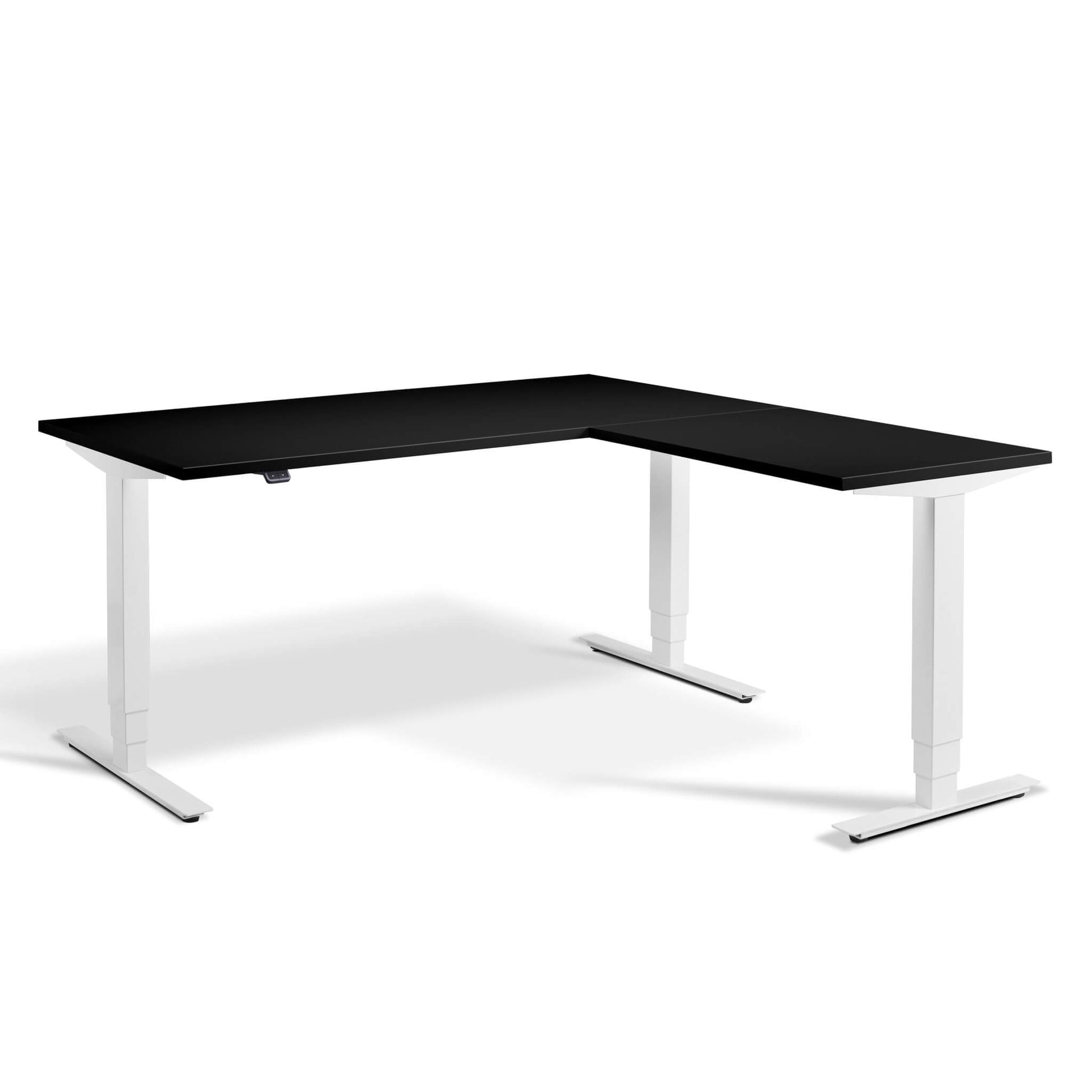 Elevate electric height adjustable standing corner desk with white frame and black desktop from Livewell Furniture at www.livewellfurniture.co.uk