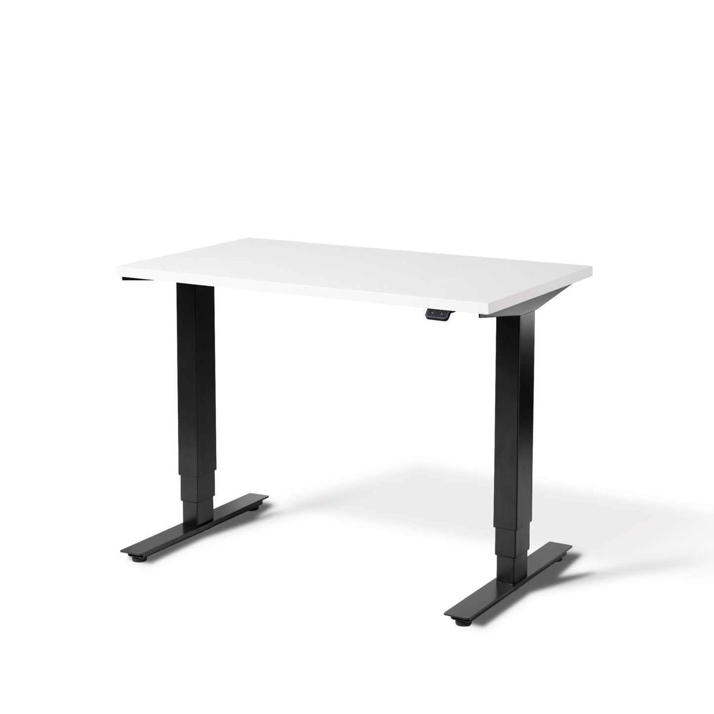 Elevate Mini electric height adjustable standing desk with black frame and white desktop from Livewell Furniture at www.livewellfurniture.co.uk