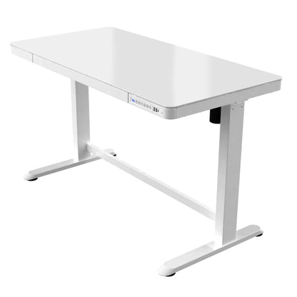 Smart USB electric height adjustable standing desk with drawer in white with glass desktop finish from Livewell Furniture at www.livewellfurniture.co.uk